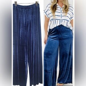 Zenana Velvet Navy High Rise Stretchy Pull On Wide Leg Pants  Raw Hem 2X New